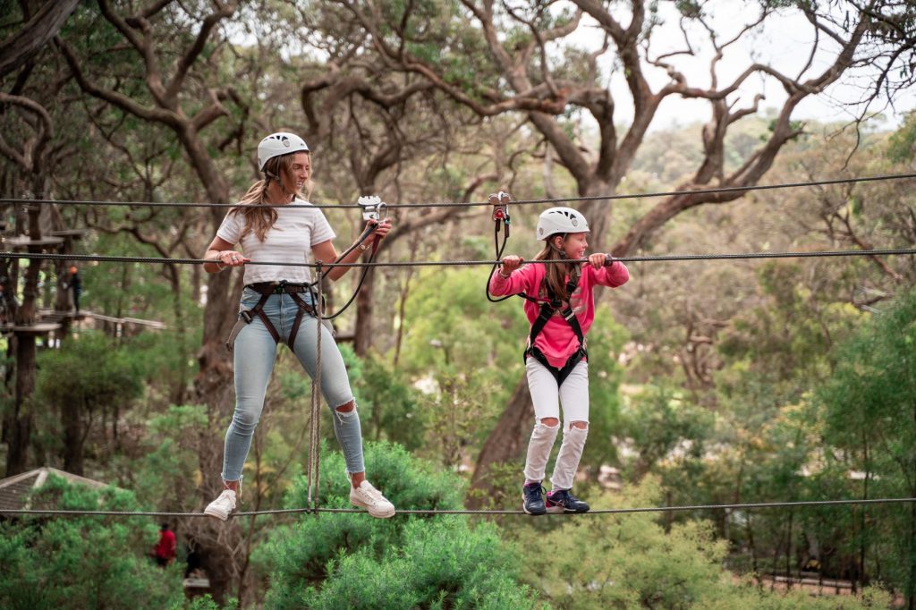 Two teen sisters cross a wire obstacle on the Grand Tree Surfing course at Enchanted Adventure with natural bush landscape in the background.