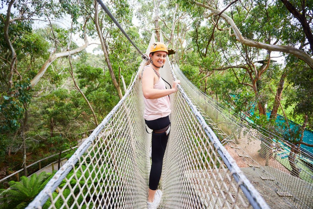 Woman looks back at camera while on the Net Bridge surrounded by gum trees on the Grand Tree Surfing course at Enchanted Adventure